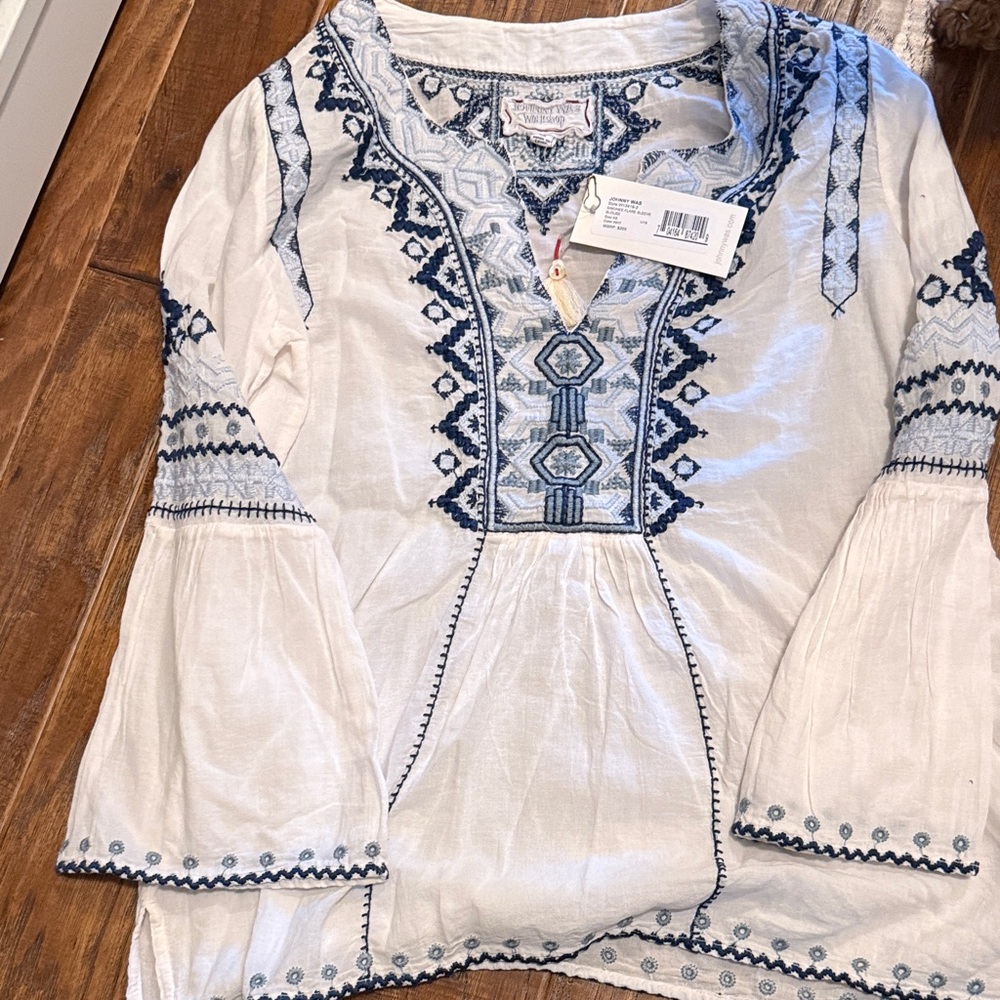 Johnny Was White Blouse with Blue Embroidery